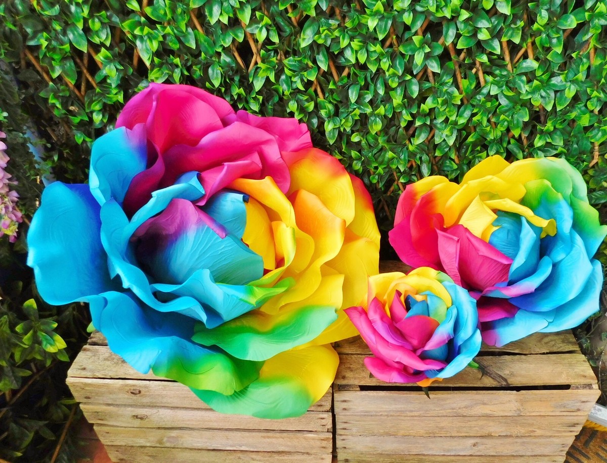 rainbow-rose Giant Display Artificial Rainbow Rose Large Silk Flower Head