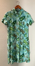 Green Blue Tropical Leaves Short Sleeve Button Collar Shirt Dress