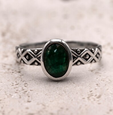 925 Sterlingsilber Damen Lab Create Smaragd oval Edelstein gemustert Bandring