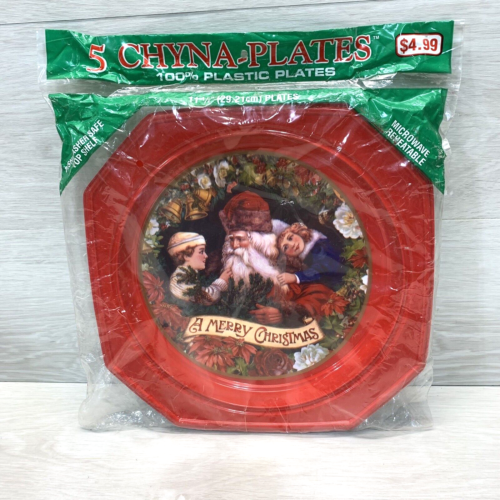 VINTAGE ULLMAN & CO. Chyna Plastic Santa Plates 11 1/2" New in Package Set of 5 - Picture 1 of 7
