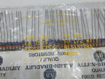 AB RC20GF753J CARBON COMP,1/2 WATT,75K OHM 5% AXIAL - LOT OF 50 RESISTORS