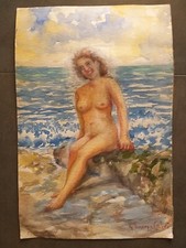 Pittore Giuseppe Calvi nato a Milano. Acquerello - Nudo femminile.