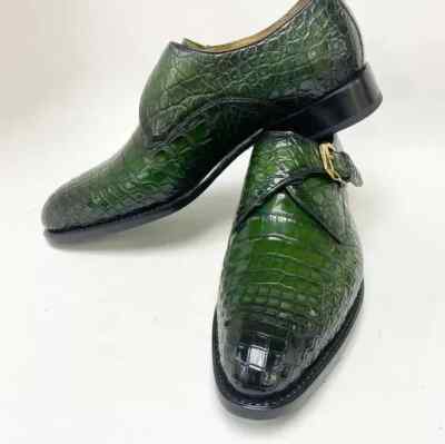 Handmade Mens Green Crocodile Shoes, Leather Monk Strap Office Shoes for Men