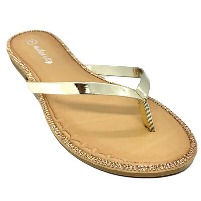 Milan City Women's Rhinestone Thong Flip Flop Sandals Gold Size 8