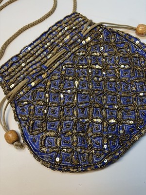Purple Gold Drawstring Pouch Bag Potli Hindu Indian Sequined Beaded 8.5  Wide