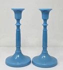 2 Vintage Blue Milk Glass Candlestick Holders
