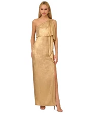 Adrianna Papell Light Gold Metallic Layered One-Shoulder Gown Size 2 $275