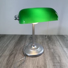 Vintage Bankers Lamp Light Green Shade Ridged Neck Tested Works Painted Silver
