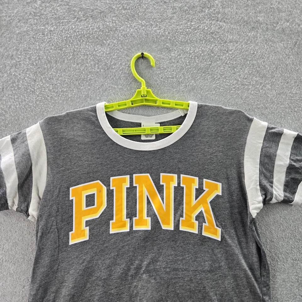 Camisa pulóver Victoria's Secret ROSA para mujer S gris a rayas con logotipo de timbre cuello redondo Foto 4 de 4