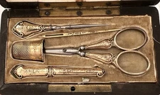 Antique French Solid Silver Gilt Sewing Set ETUI