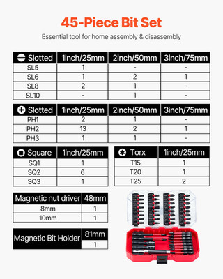 VEVOR Screwdriver Bit Set, 45-Piece, Magnetic Phillips, Slotted, Square, Torx Bi