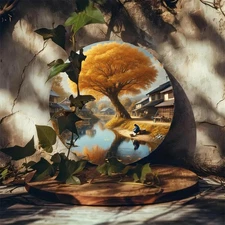 1pc Japanese Autumn Landscape Metal Wall Decor - Round Aluminum Sign with Golden