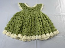Handmade Crochet Baby Dress Green Ivory Cottagecore Vintage Style 6  12M