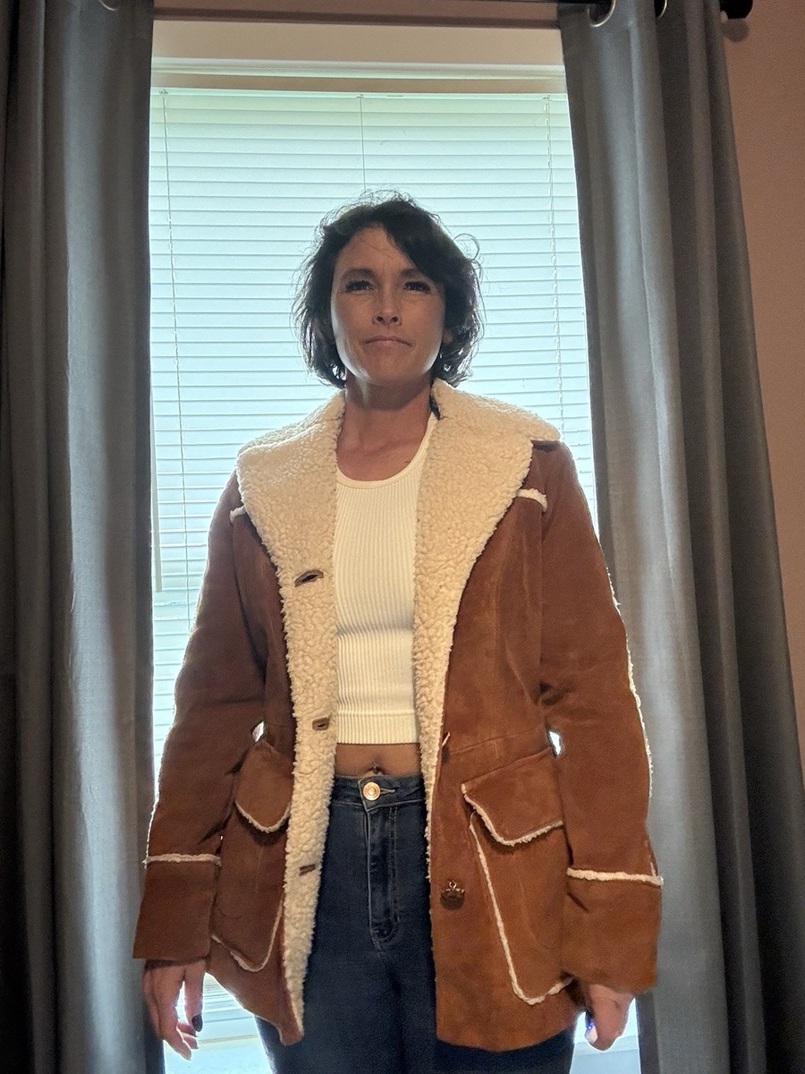 Vintage 70s Shearling Coat Women 12 Brown Suede Western Jacket