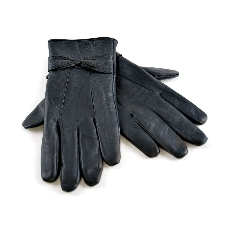 RJM Ladies Soft Leather Black Fleece Lined Warm Winter Gloves with Bow