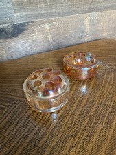 Pair Of Marigold Iridescent Carnival Glass Flower Frogs - 8 Hole 2 " x 1 "