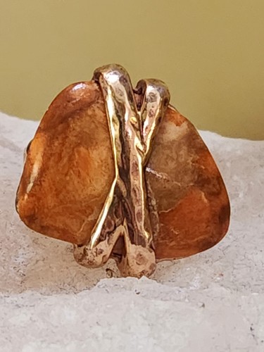 Barse Ring orange Achat Stein & gehammte Bronze Größe 7