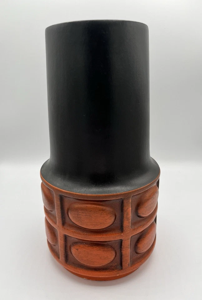 Jarrón vintage abstracto cilindro Haeger EE. UU. 4086 naranja y negro Foto 2 de 4