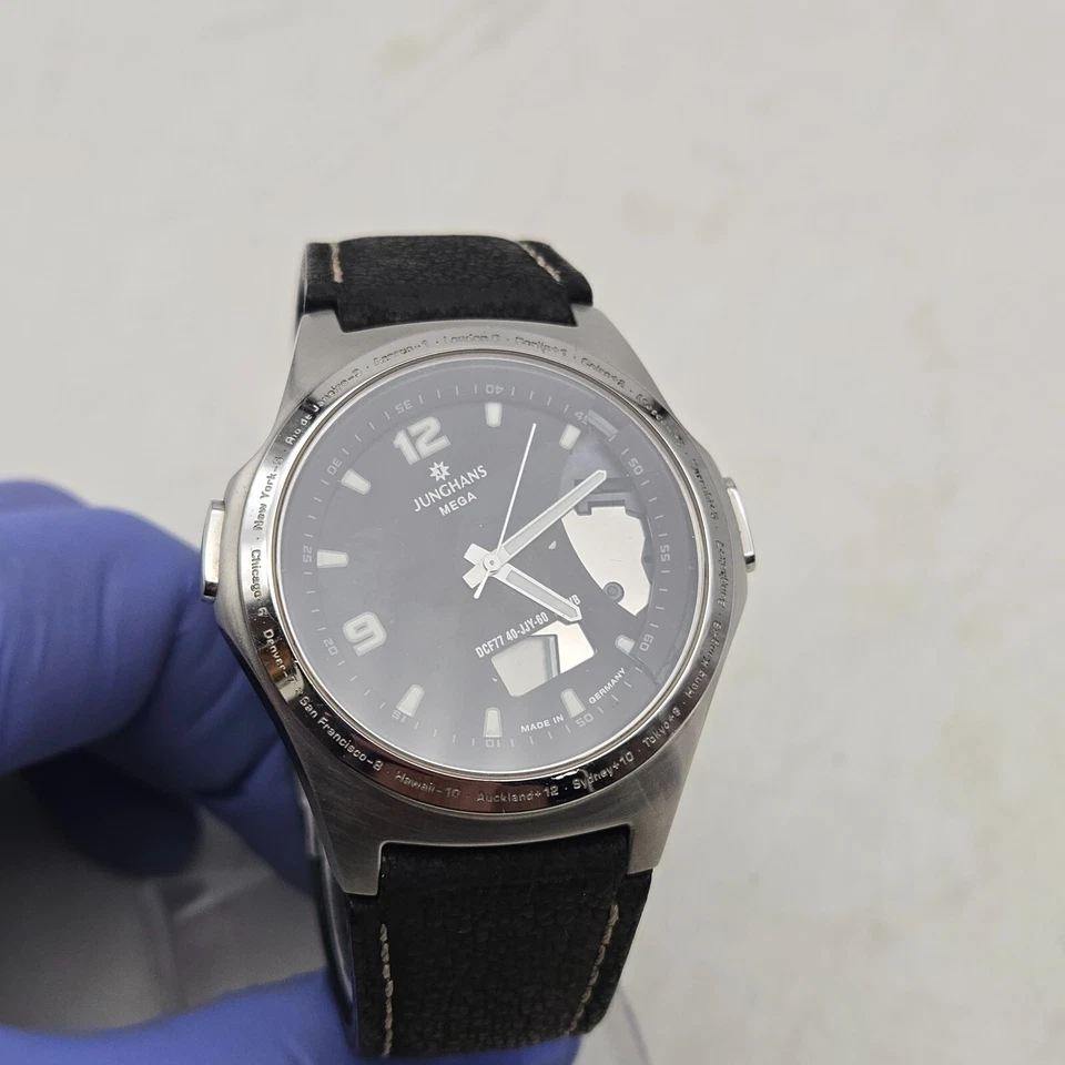 Junghans Mega Wrist Watch Radio Controlled Stainless Steel Leather World Time - Image 4 of 4