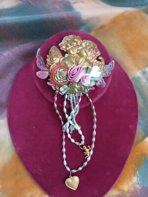 Vintage 1990 Cherub/angel love Lace Pink Handmade Brooch 6'' long 
