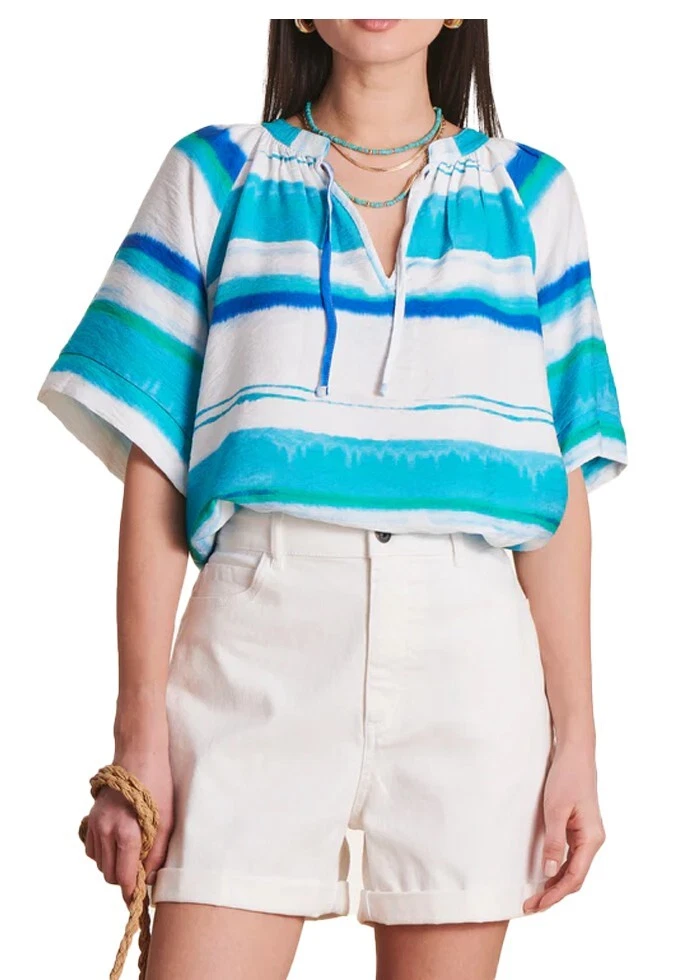 Top Estivo Donna A Righe Con Maniche Raglan - Scollo A V, Azzurro, Taglia S - 3
