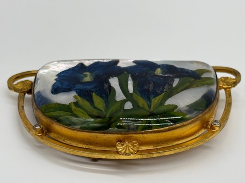Antique Turriet & Bardach Austria Reverse Painted Glass Flower Belt Buckle - Picture 7 of 18