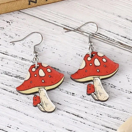 Retro Red & Ivory Double Mushroom Wooden Mushroomcore Dangle Earrings NEW