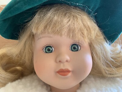 1990's Porcelain And Cloth Doll Unmarked In Green & White Outfit