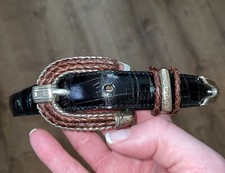 Brighton L 34 Inch Black Leather Silver Buckle With Brown Braided Trim