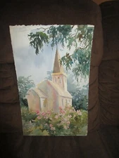 Original Watercolor By Peg Humphreys, Old St Raymond Church & Clouds 22"x 14"