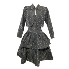 norma kamali 1980s gray polka dot taffeta 3 piece set w/jacket  corset  skirt