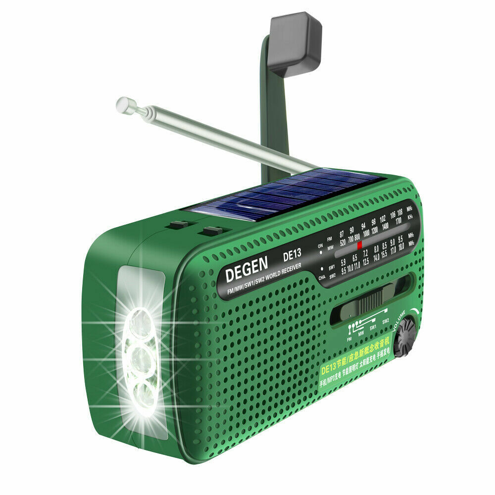 DEGEN DE13 Radio solar de emergencia FM/AM/SW Receptor de dínamo de manivela