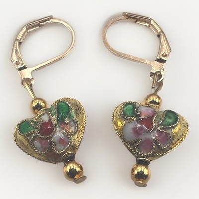 Sandy's Handmade Earrings | Vintage Style Asian Cloisonné Floral Heart