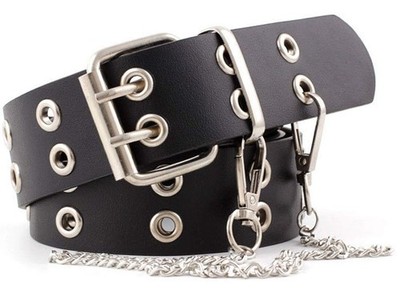 YCMI Punk Rock Double Grommet PU Leather Belt With Chain for One Size, Black