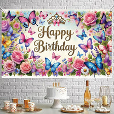 Happy Birthday Backdrop Butterfly Floral Banner Crown Decorations Photography...