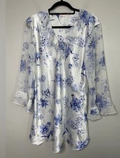 2 Piece Oscar De La Renta Pink Label Blue White Satin Robe Nightgown Set Mediu