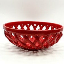 Food Network Red Bread Bowl Ceramic Round Basket Weave Bread Or Fruit 10”