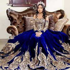 Blue Velvet Quinceanera Dress Lace Decal Long Sleeve Folded Satin Ball Gowns