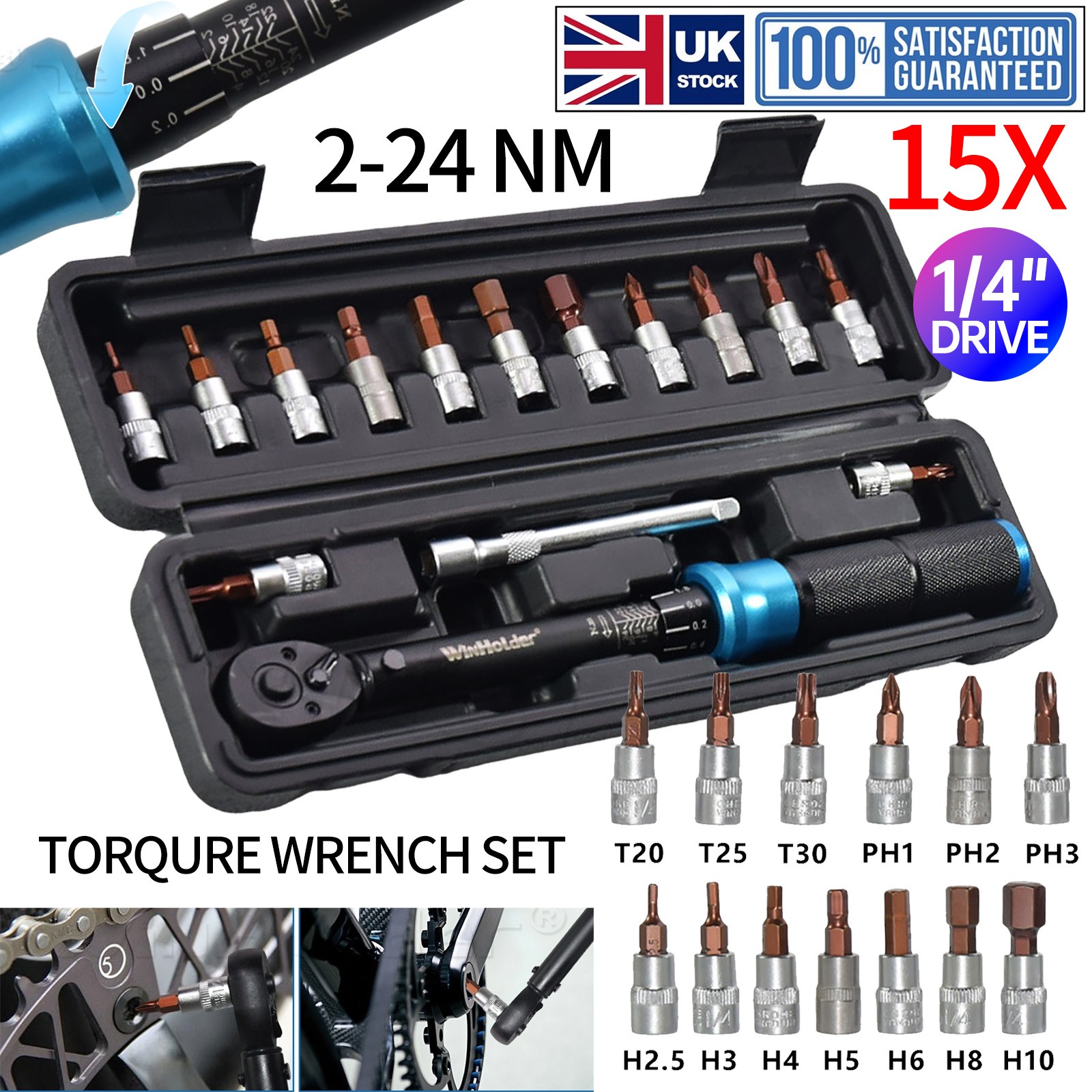 15pc 1/4'' Drive 2-24Nm Adjustable Torque Wrench Allen Key Tools Socket Set Kit