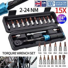 15pc 1/4'' Drive 2-24Nm Adjustable Torque Wrench Allen Key Tools Socket Set Kit