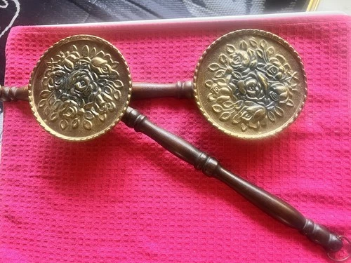 Set Of Brass And Wood  Wall Hanging Bed Warmers