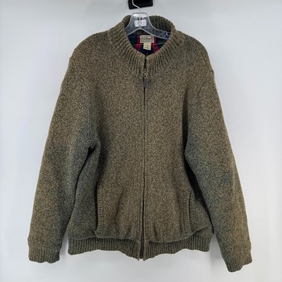 LL Bean Lambs Wool Cardigan Sweater Mens Large Reg Green Flannel Lined Full Zip