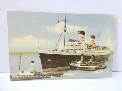 RMS Queen Elizabeth Leaves Southampton Postcard  1950s Ship Departure Tugboats