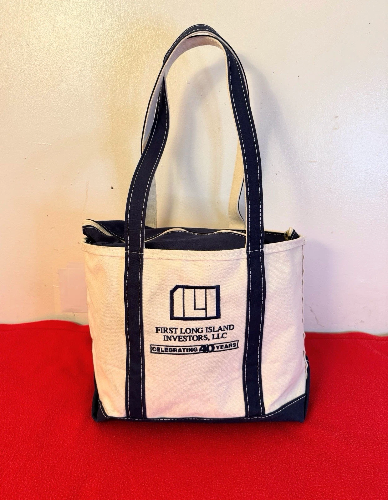 Vintage 90s LL Bean Medium Blue Trim Handles Zip Top Boat and Tote Canvas Bag