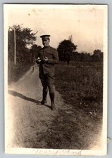 Vtg B&W Snapshot Man in Military Uniform Standing On Dirt Road Maryland 1910s