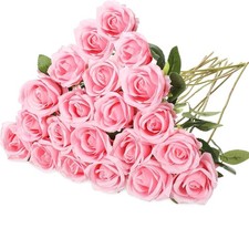 20 Pcs Artificial Rose Flowers with Long Stem,Real Touch Silk - Pink