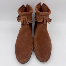 Minnetonka Hardsole Moccasin Fringe Ankle Bootie Brown Suede Womens 7.5