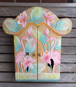 VTG Hand Carved and Painted Flamingo & Lotus Wood Table Top or Wall Hung Cabinet