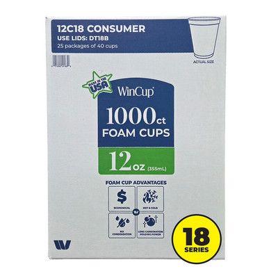 WinCup Foam Drink Cups 18 series, White, 12 oz., 1000 ct.