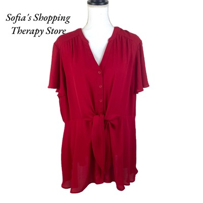 Torrid Georgette Tie Front Flutter Short Sleeve Peplum Blouse Top Red Sz 3X